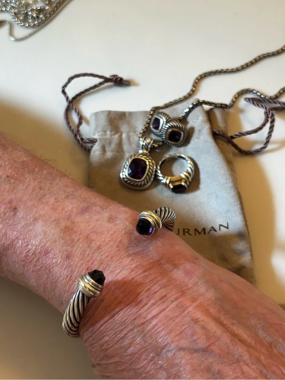 David Yurman Sterling Cable Cuff with Purple Terminals and Gold Accents